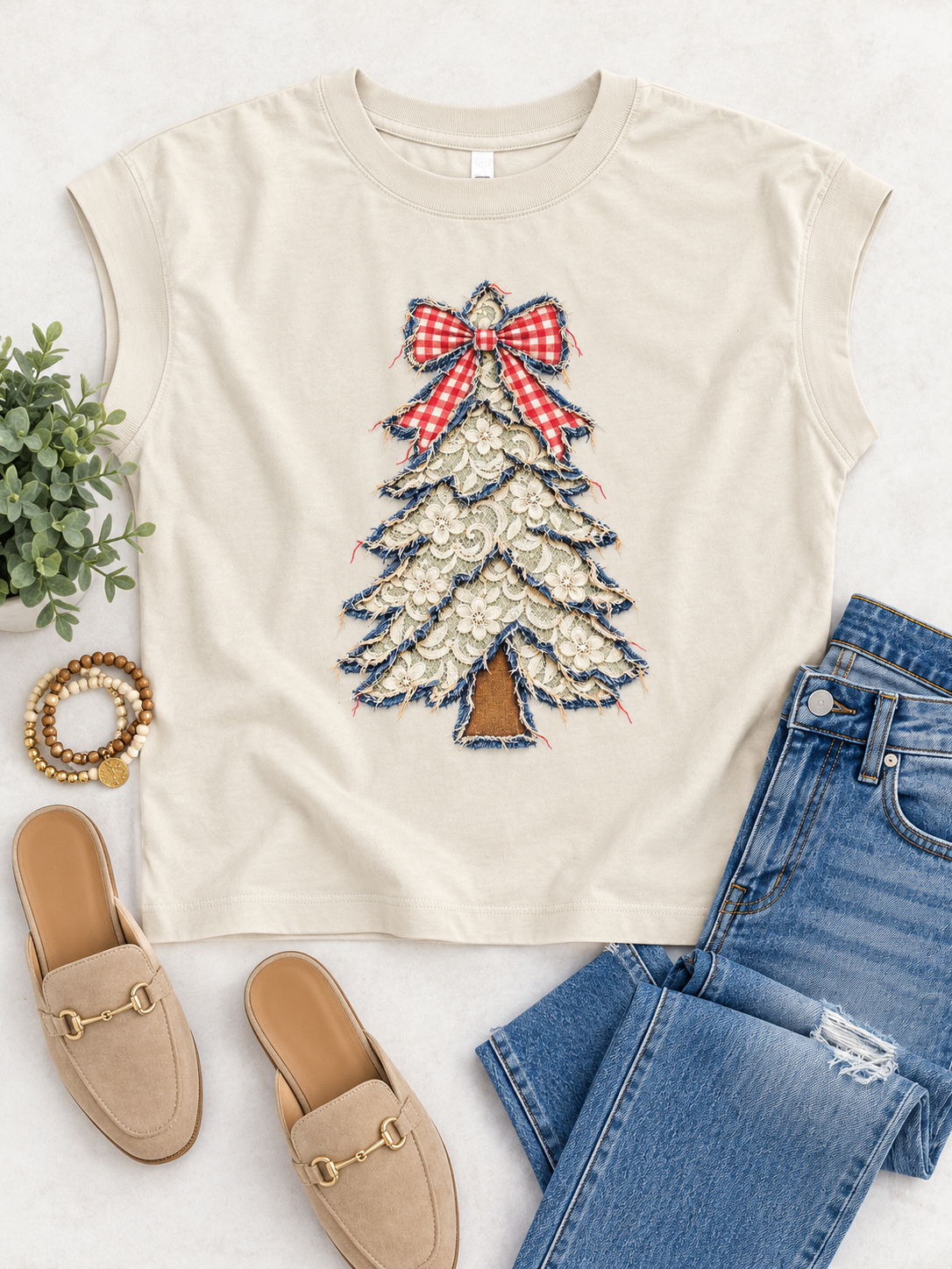 Denim and Gingham Lace Tree Graphic Tee