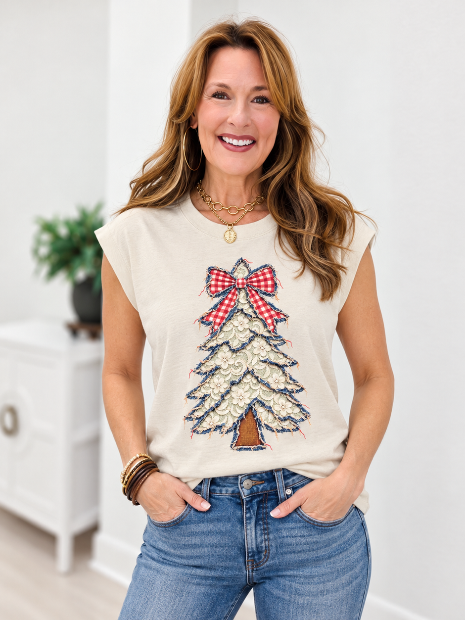 Denim and Gingham Lace Tree Graphic Tee