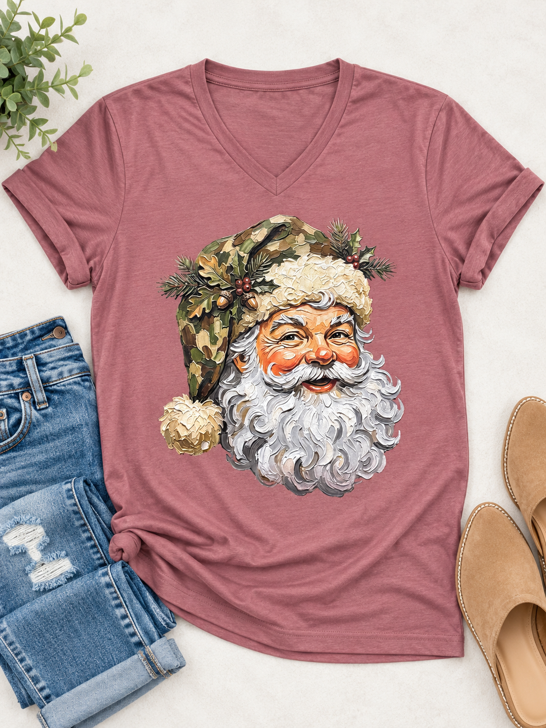Woodlands Santa Camo Mauve V-Neck Tee