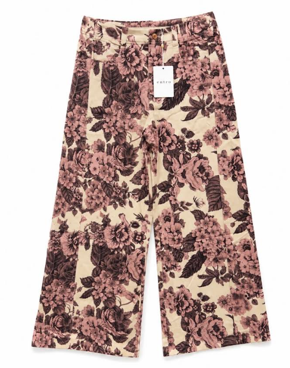 Wide Leg Pants Featuring Front Pockets With A Light Floral Design