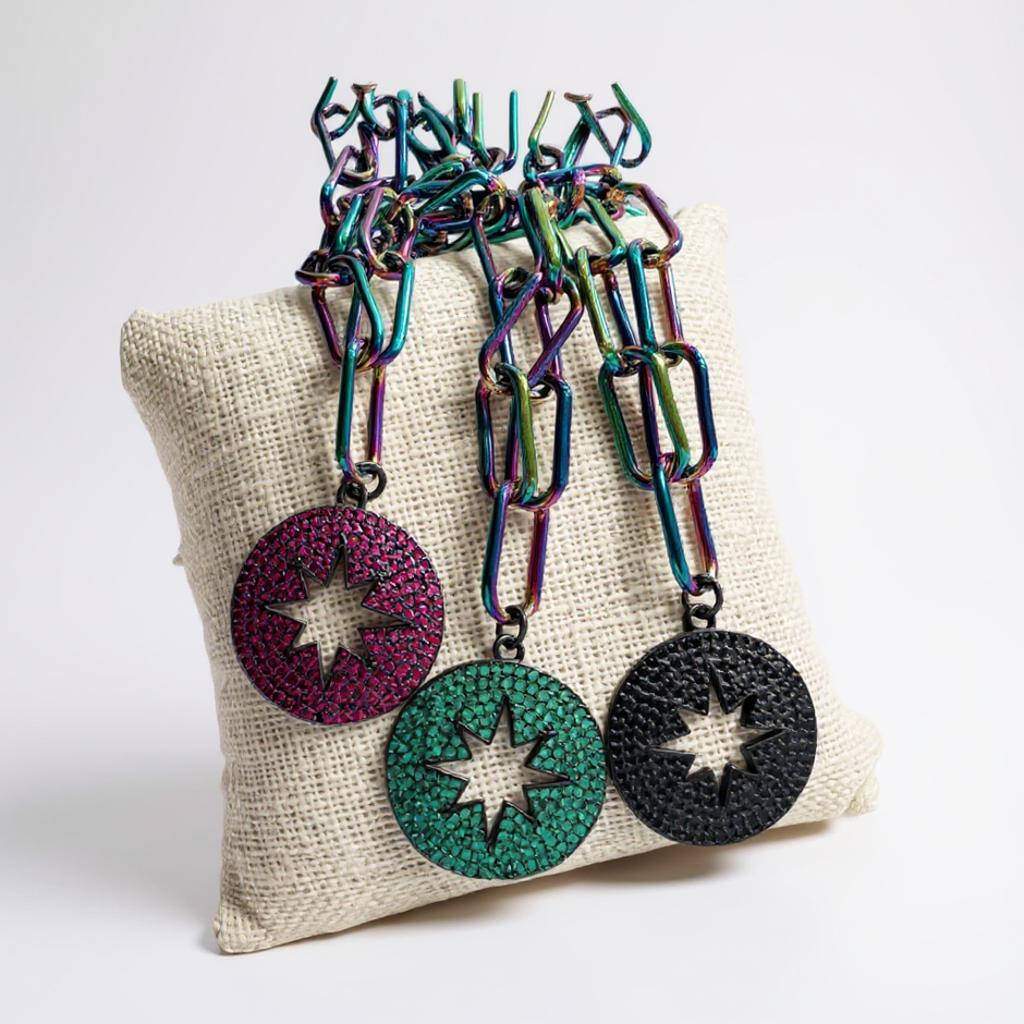 Aurora Large Paperclip Pave Circle Star Necklace