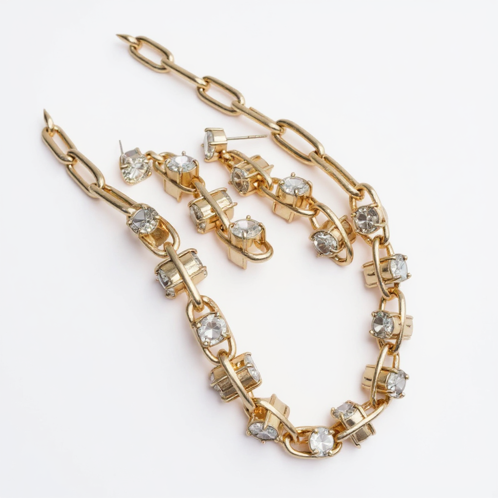 Rose Gold Paperclip CZ Earring + Necklace Set