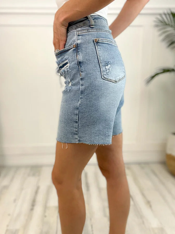 Judy Blue High Waisted Mid-Length Denim Patch Shorts