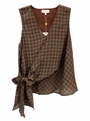 Sleeveless Checkered Top With Faux Wrapped Tie Detail