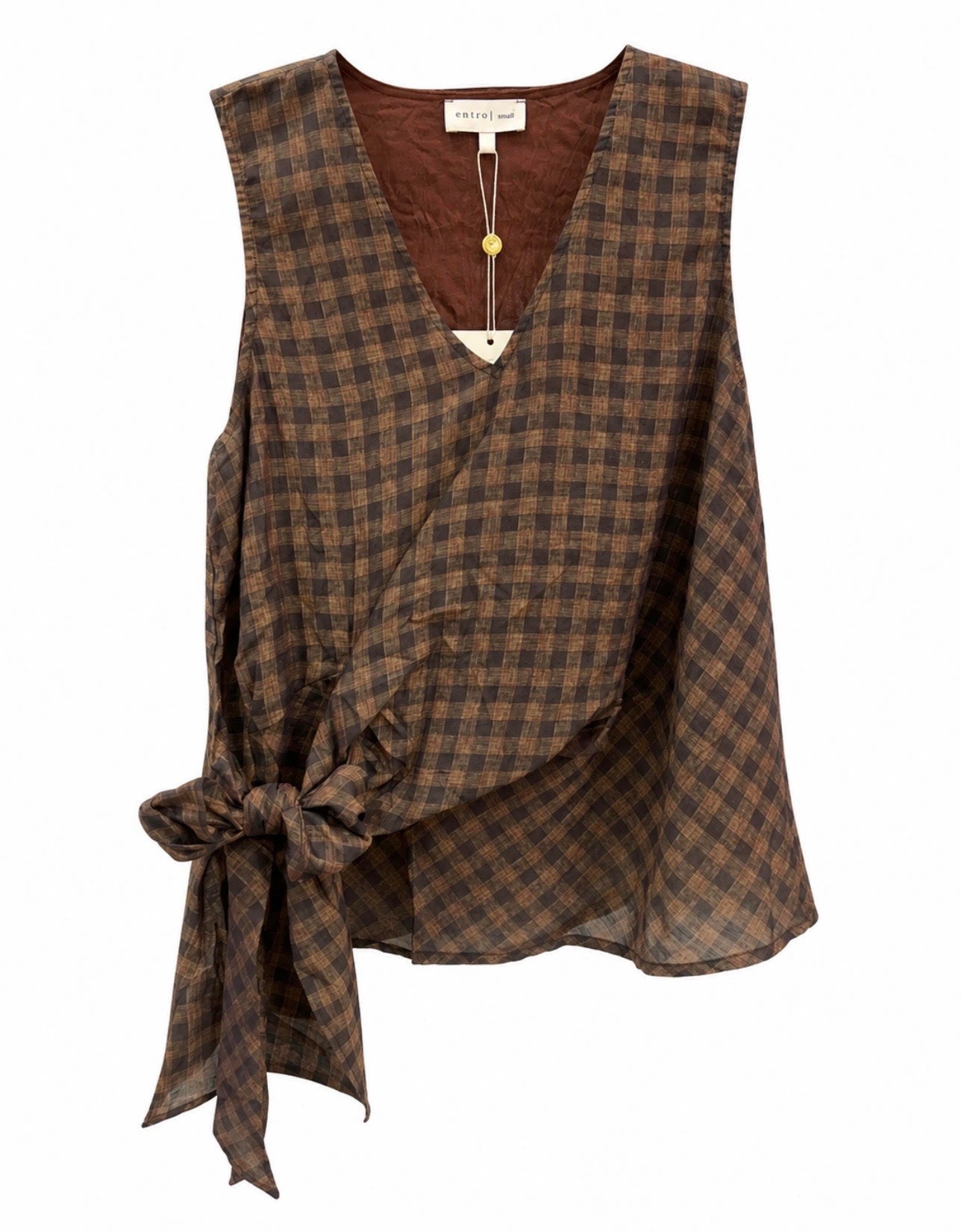 Sleeveless Checkered Top With Faux Wrapped Tie Detail