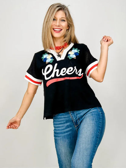 Floral Patch And Lace Short Sleeve V-Neck Top