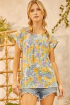 Floral Printed Top with Tulip Sleeves and Round Neckline