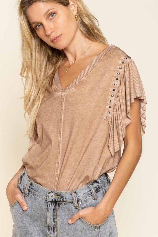 V-neck Ruffle Sleeve Knit Top