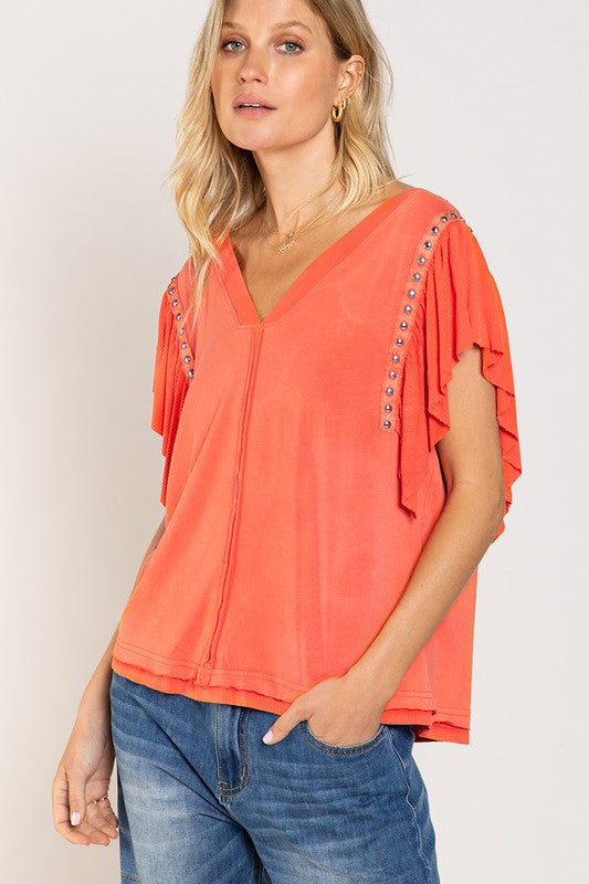 V-neck Ruffle Sleeve Knit Top