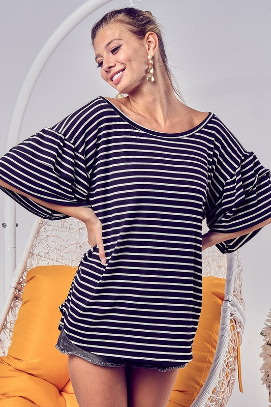 STRIPE JERSEY KNIT WITH DOUBLE LAYER RUFFLED SLEEVE TOP