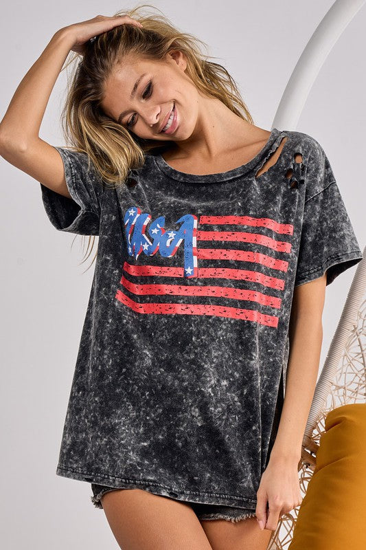 4TH OF JULY THEME MINERAL WASHED LASER CUT TOP
