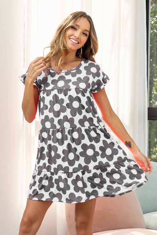 BIG FLORAL PRINTED JERSEY KNIT TIERED DRESS