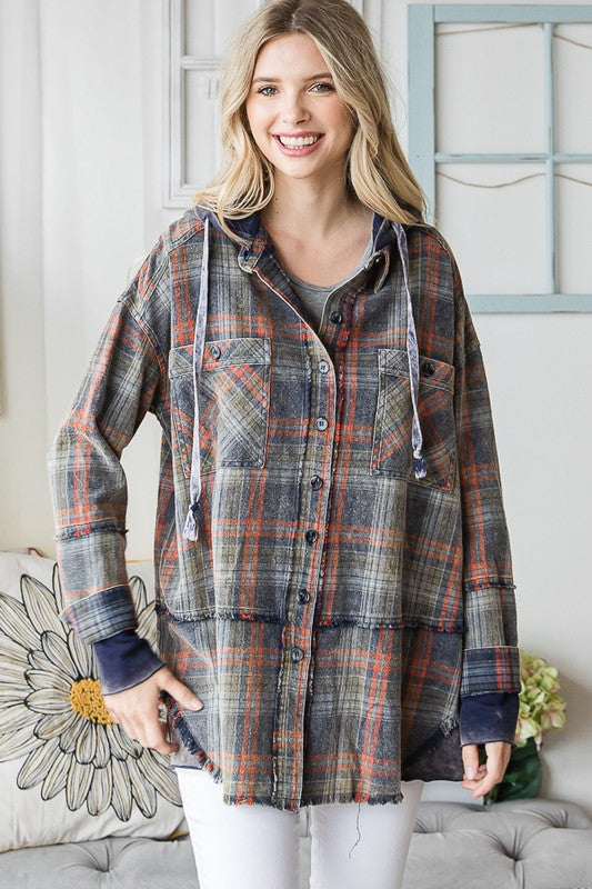 Washed Plaid Button Down Hoodie Shirt