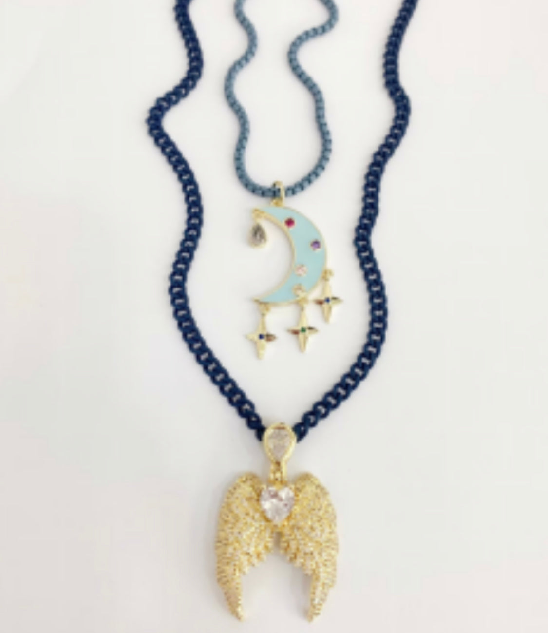 Double Layer Moon and Angel Wing Necklace