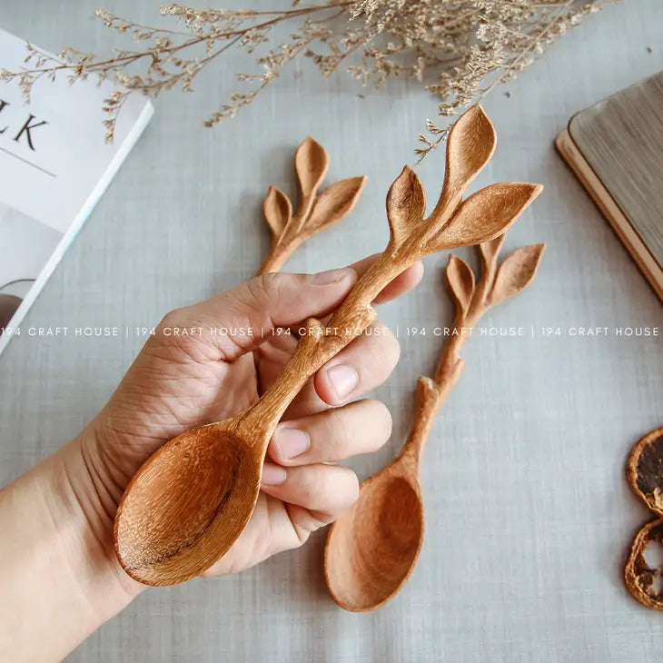 Artisan Leaf Handle Wooden Spoon - Kitchen Serving Utensils