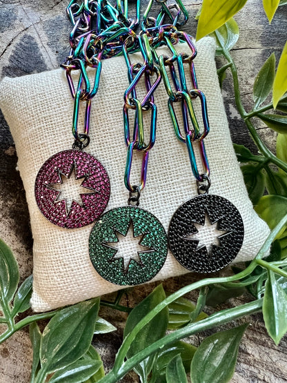 Aurora Large Paperclip Pave Circle Star Necklace
