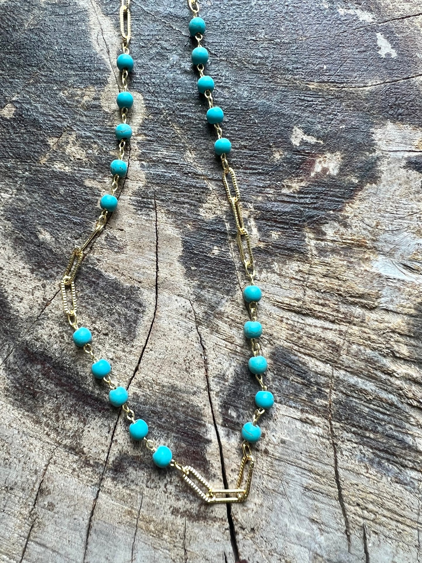 Turquoise Bead Gold Paperclip Chain