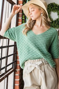 CONVERTIBLE V-NECK SHORT SLEEVE SWEATER TOP