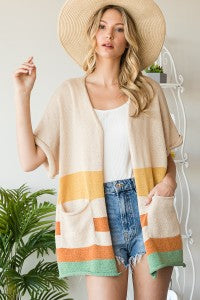 MULTI-COLOR STRIPE SWEATER CARDIGAN WITH POCKETS