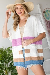 MULTI-COLOR STRIPE SWEATER CARDIGAN WITH POCKETS