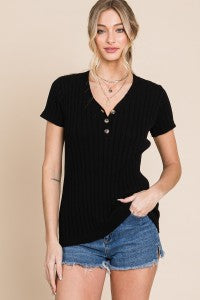 SOFT RIB SWEATER TOP WITH HALF BUTTON-DOWN DETAIL