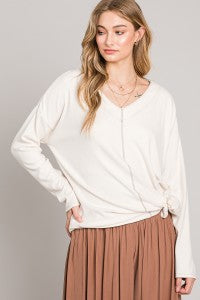 BRUSHED RIB V-NECK TOP WITH REVERSE STITCHES