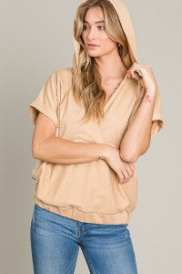 FRENCH TERRY PULLOVER HOODIE FEATURED IN SHORT-SLEEVES AND SURPLICE