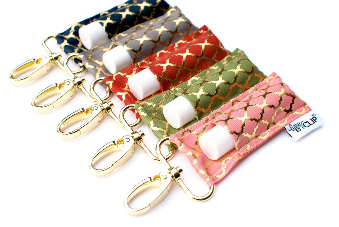 Gold Quatrefoil on Coral LippyClip® Lip Balm Holder