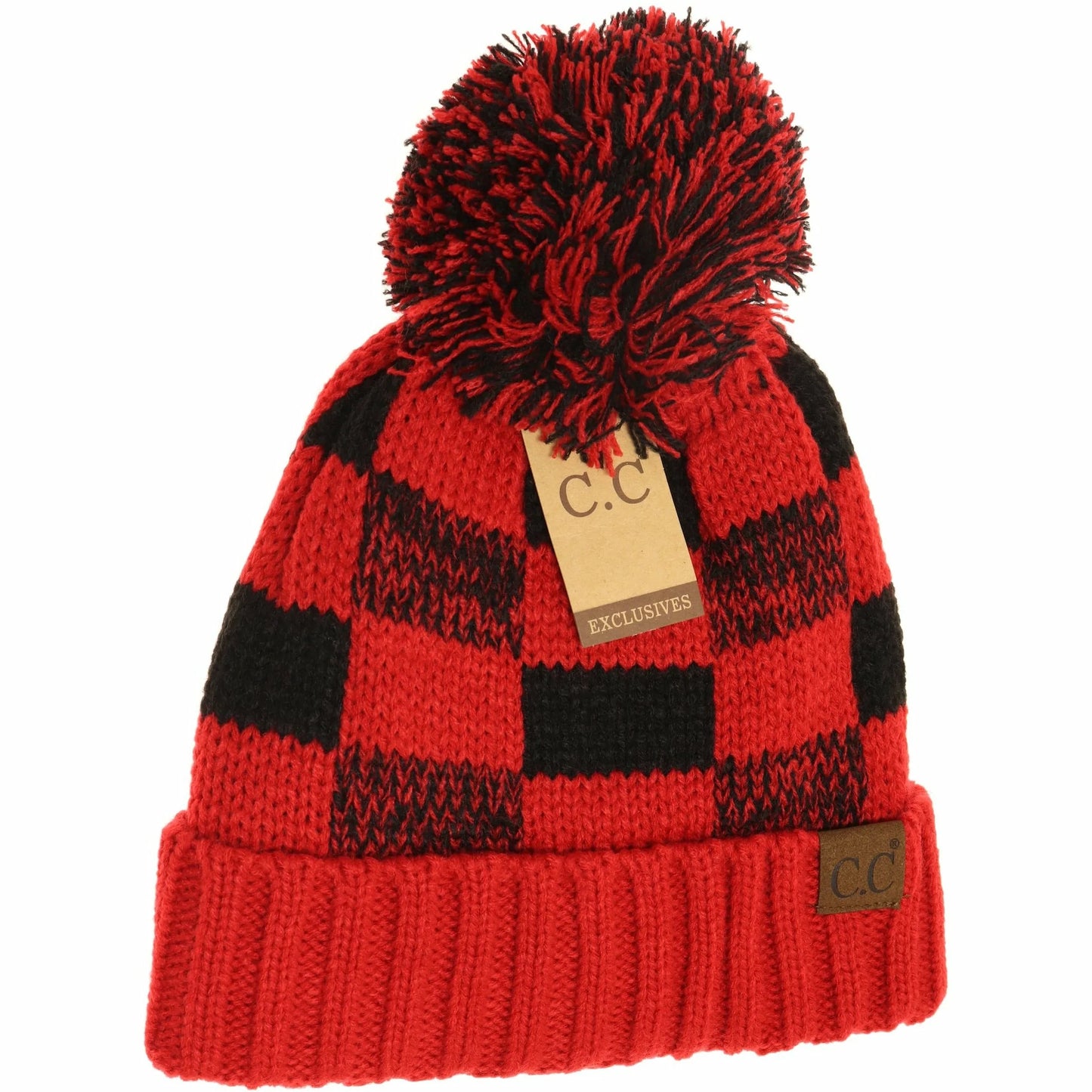 Fuzzy Lines Buffalo Plaid Pom C.C. Beanie