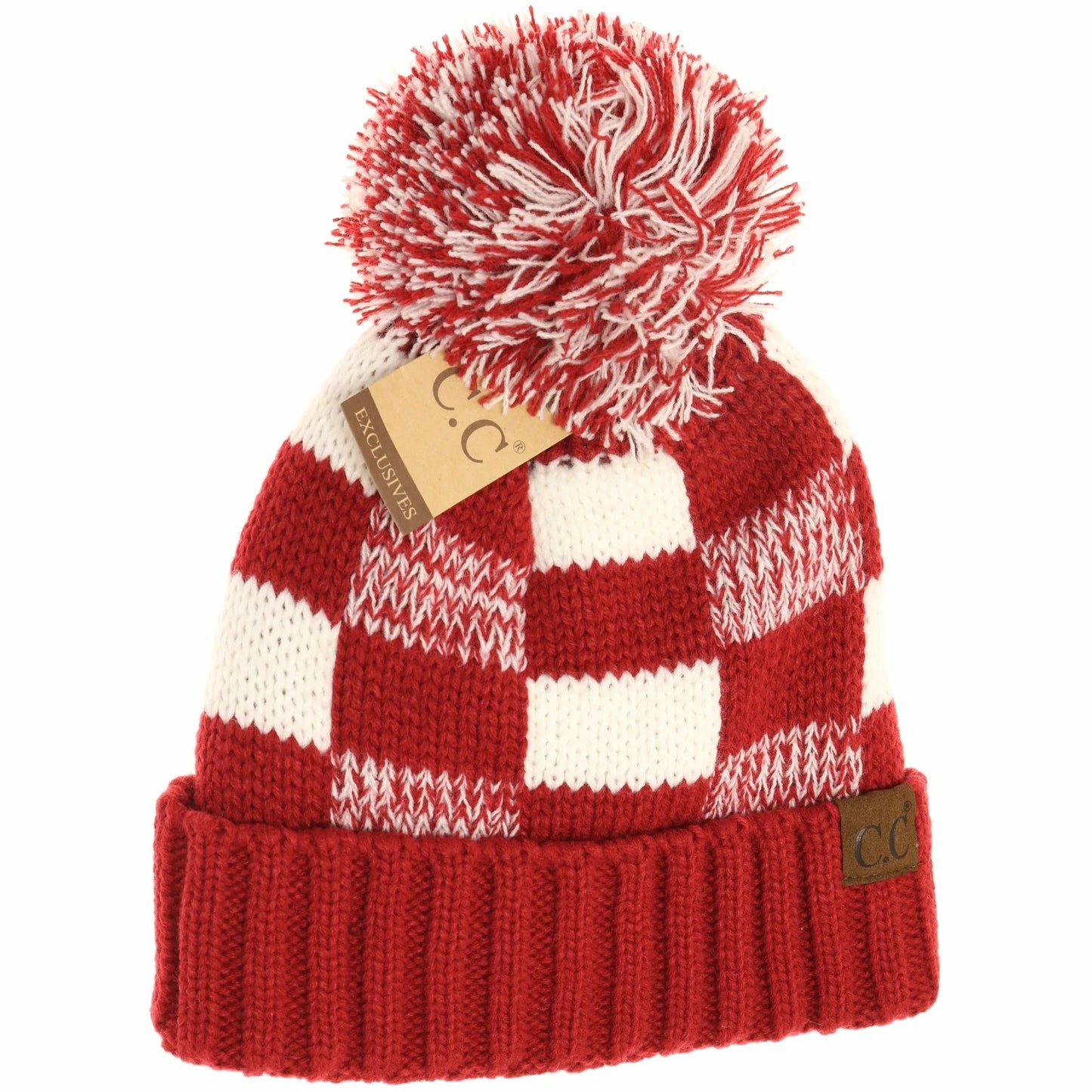 Fuzzy Lines Buffalo Plaid Pom C.C. Beanie