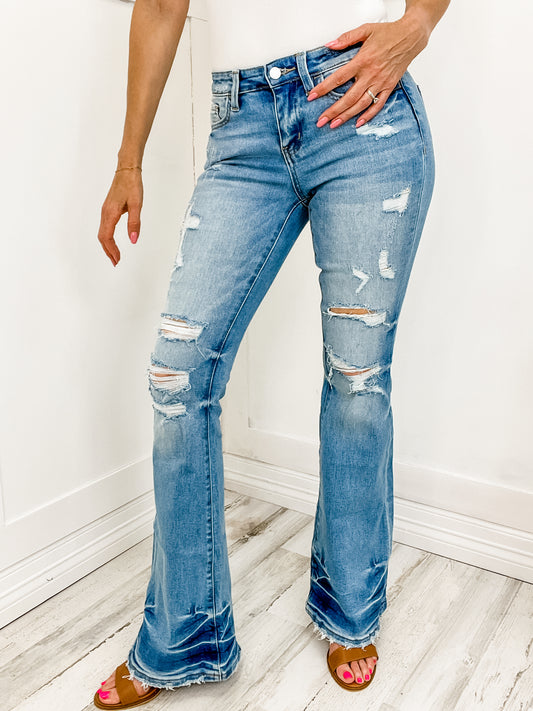 Vervet Distressed Mid-Rise Flare Denim Jeans