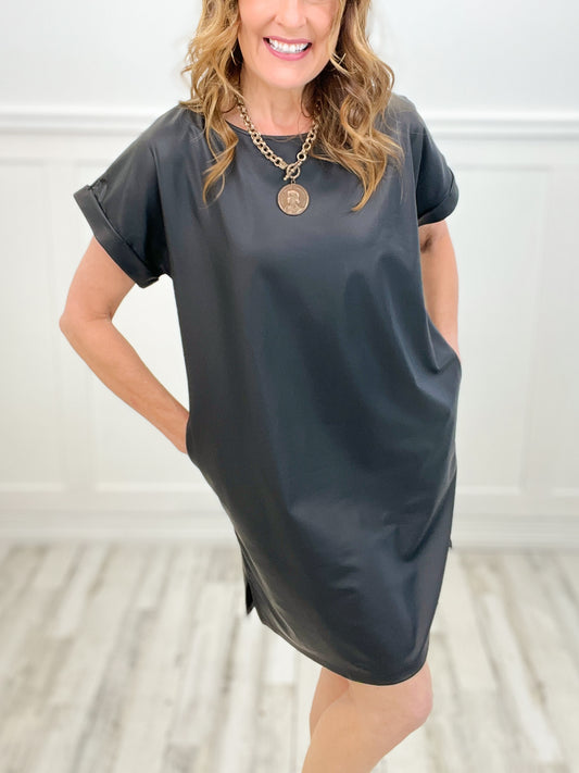 Faux Leather Short Sleeve Pocket Mini Dress