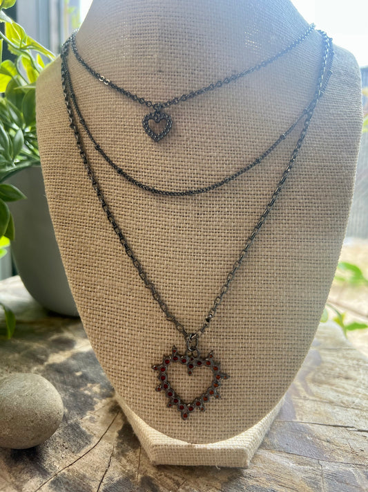 Triple Layer Gunmetal Heart Necklace