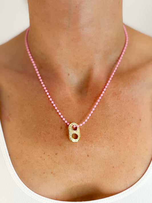 Crystal Pignose Pink Enamel Ball Chain Necklace