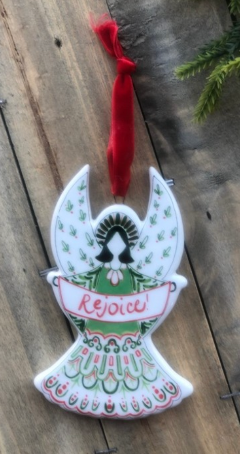 5" Ceramic Angel Ornament, Red/Green