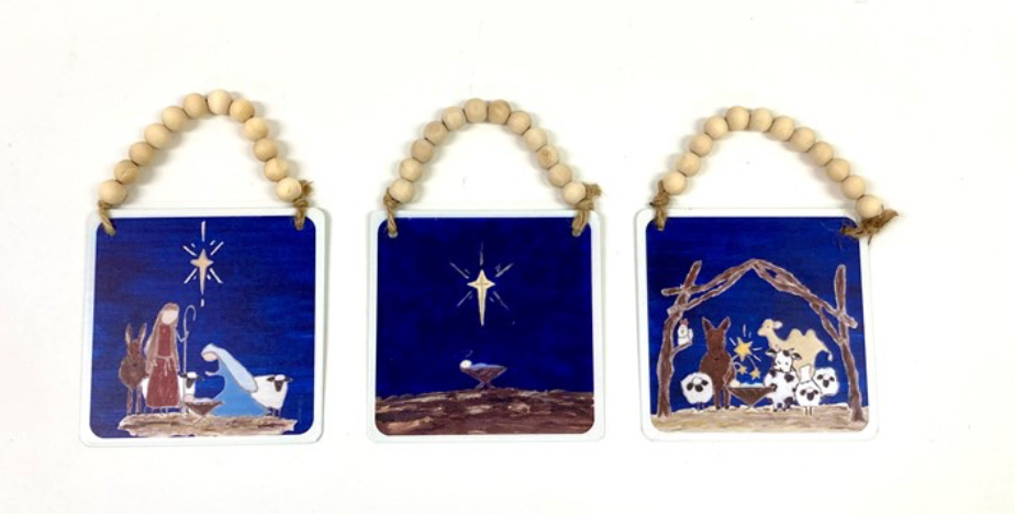 5" Metal Sign with Beads, Nativity SET of 3