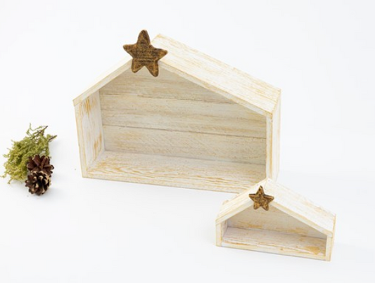 6 x 4" White Wood Creche with Gold Star