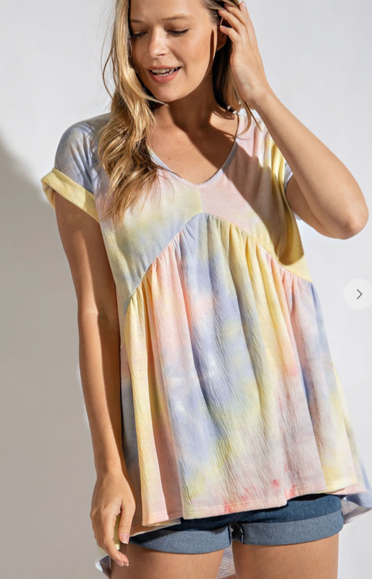 Tie Dye Printed V neckline Hi-Lo Sharing Top