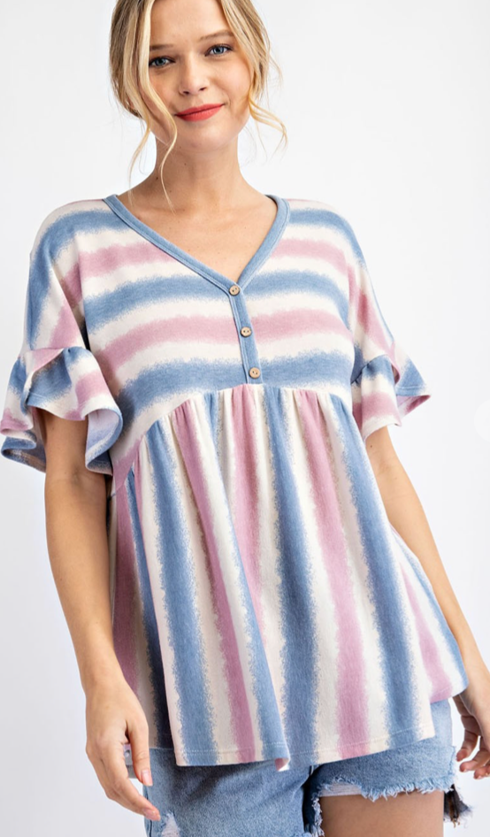 STRIPED FLUTTER SLEEVE SPRING TOP