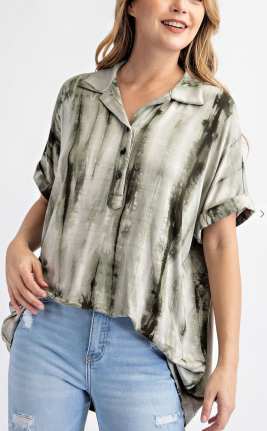 TIE DYE PRINT SHORT SLEEVE COLLAR SHIRT