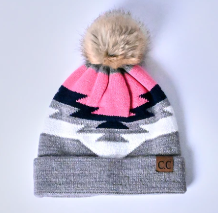 Aztec Print Pattern Beanie Hat with Pom