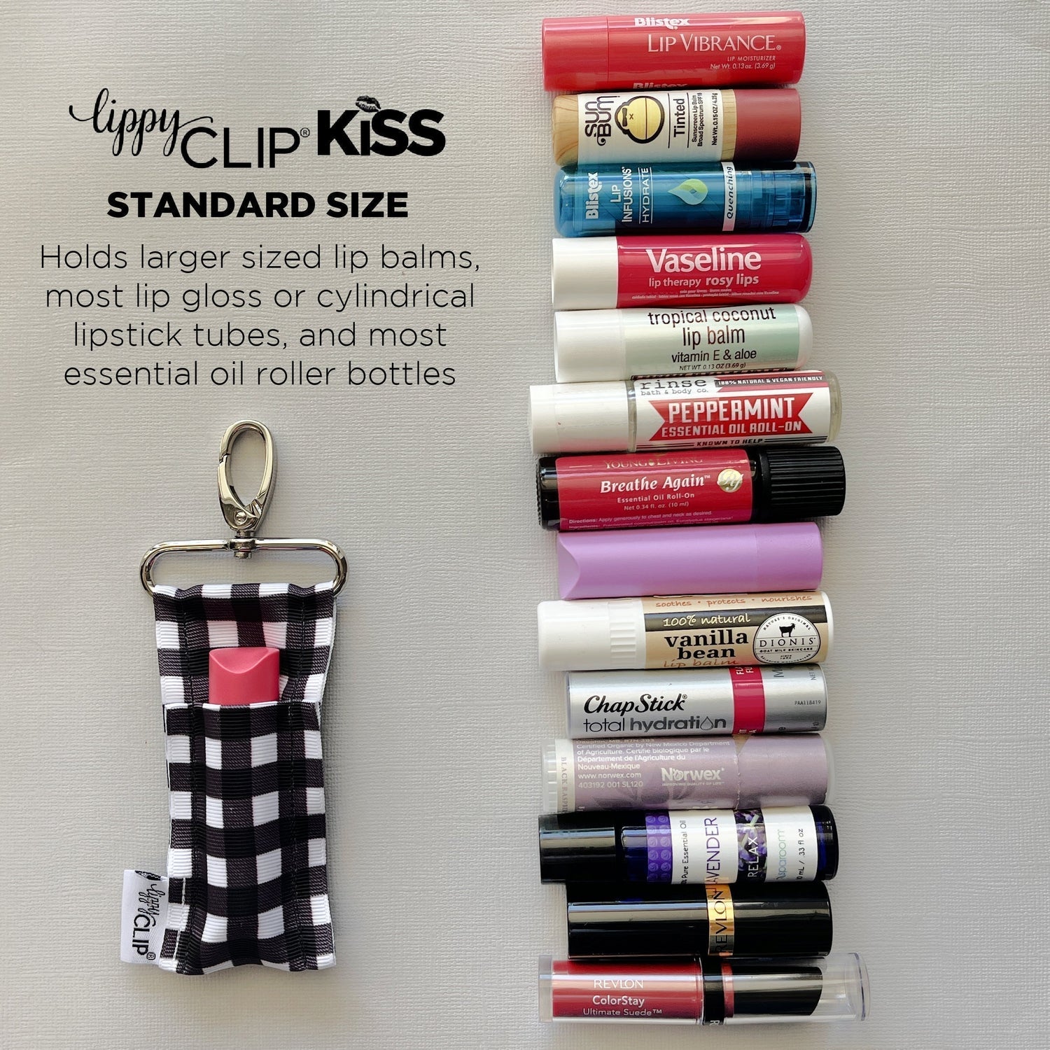 Black and White Check LippyClipKISS for larger lip balms, essential oil rollers, and more