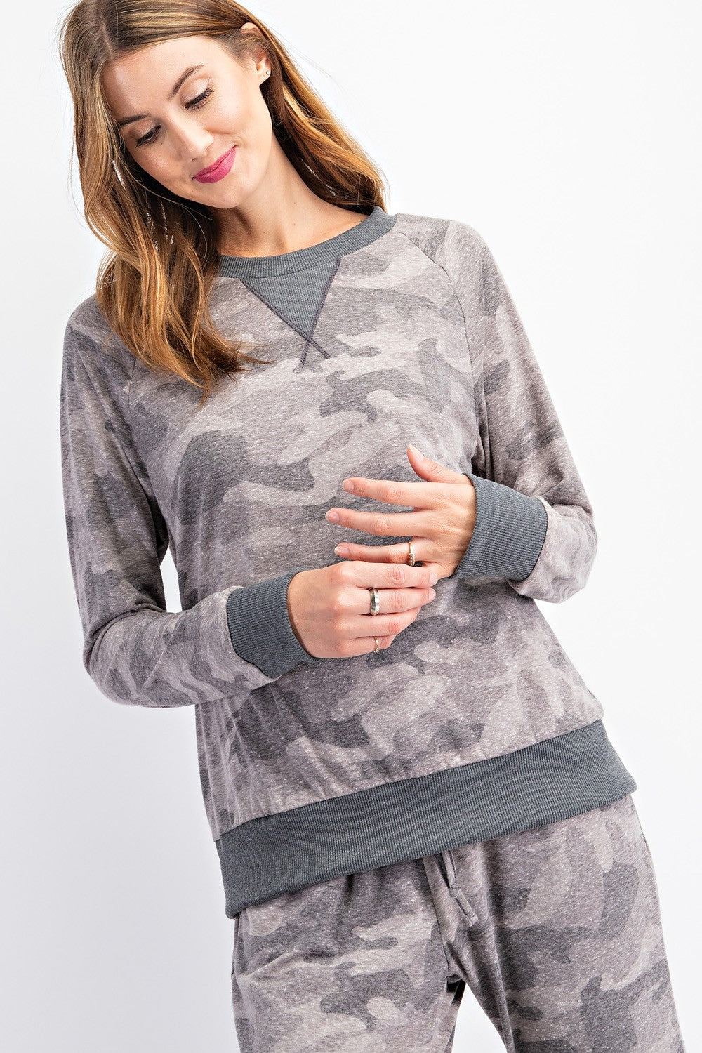 Camo Printed Round Neckline Long Sleeve Top