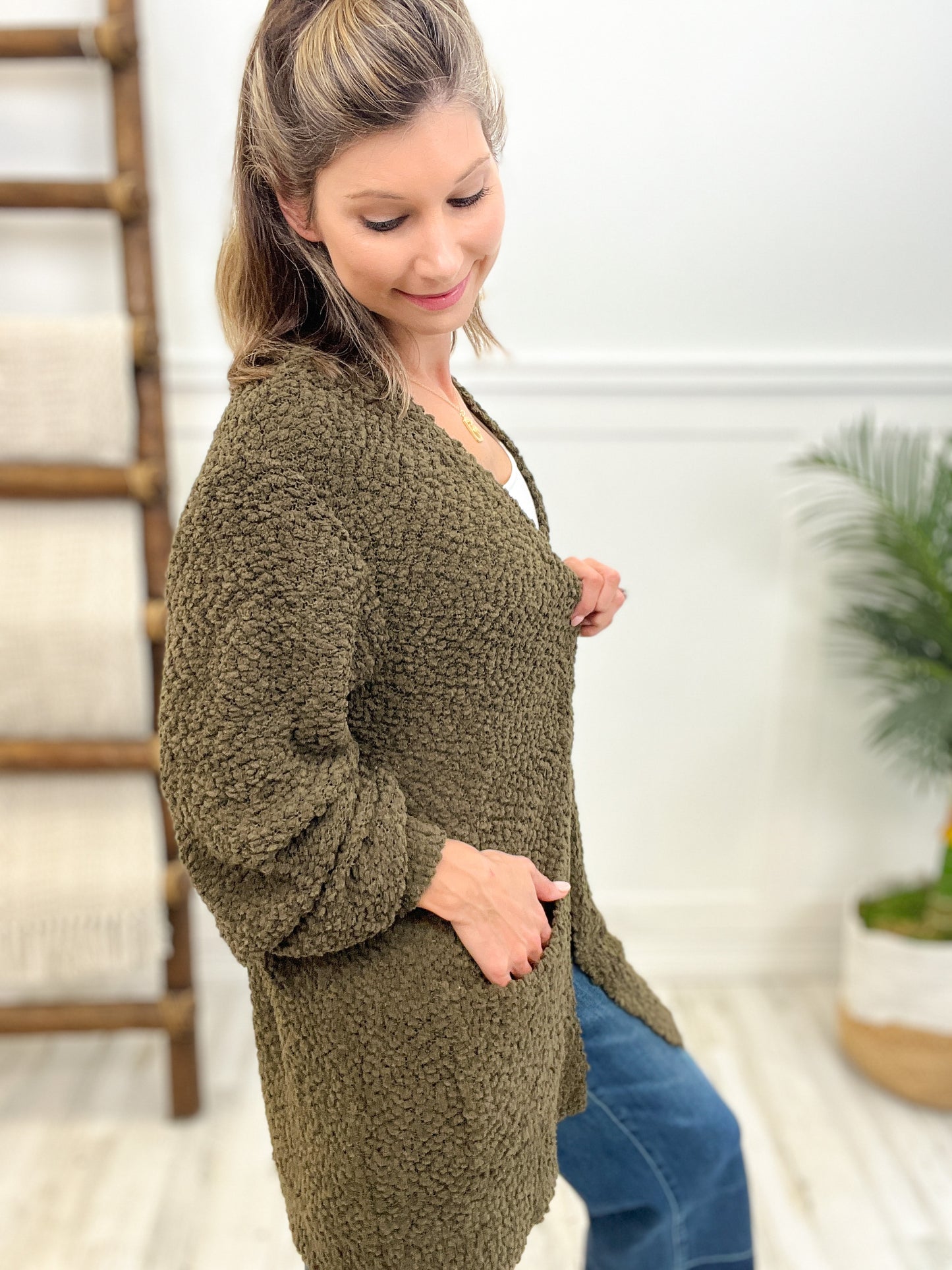 Puff Sleeve Popcorn Cardigan with Pockets