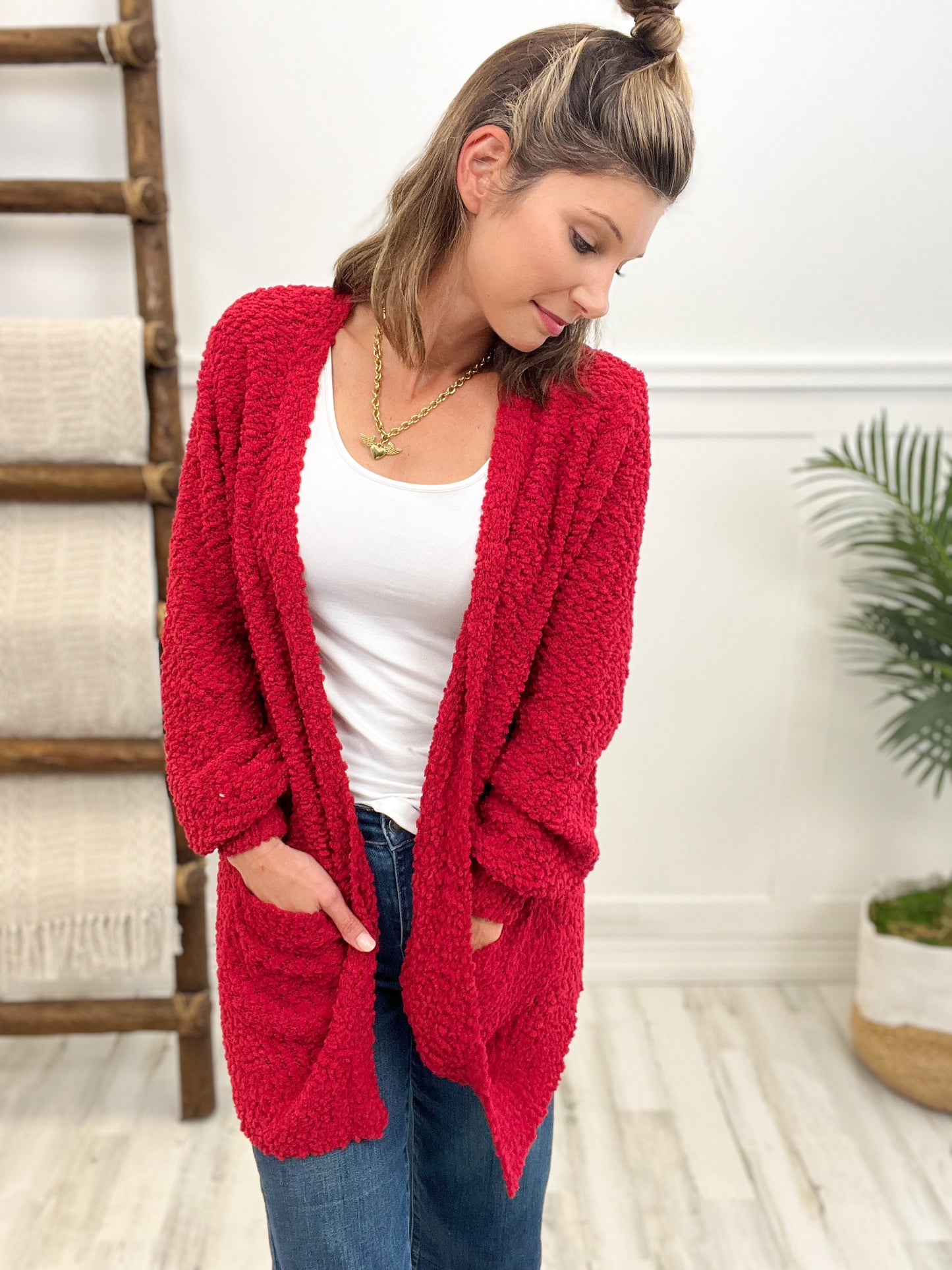 Puff Sleeve Popcorn Cardigan with Pockets