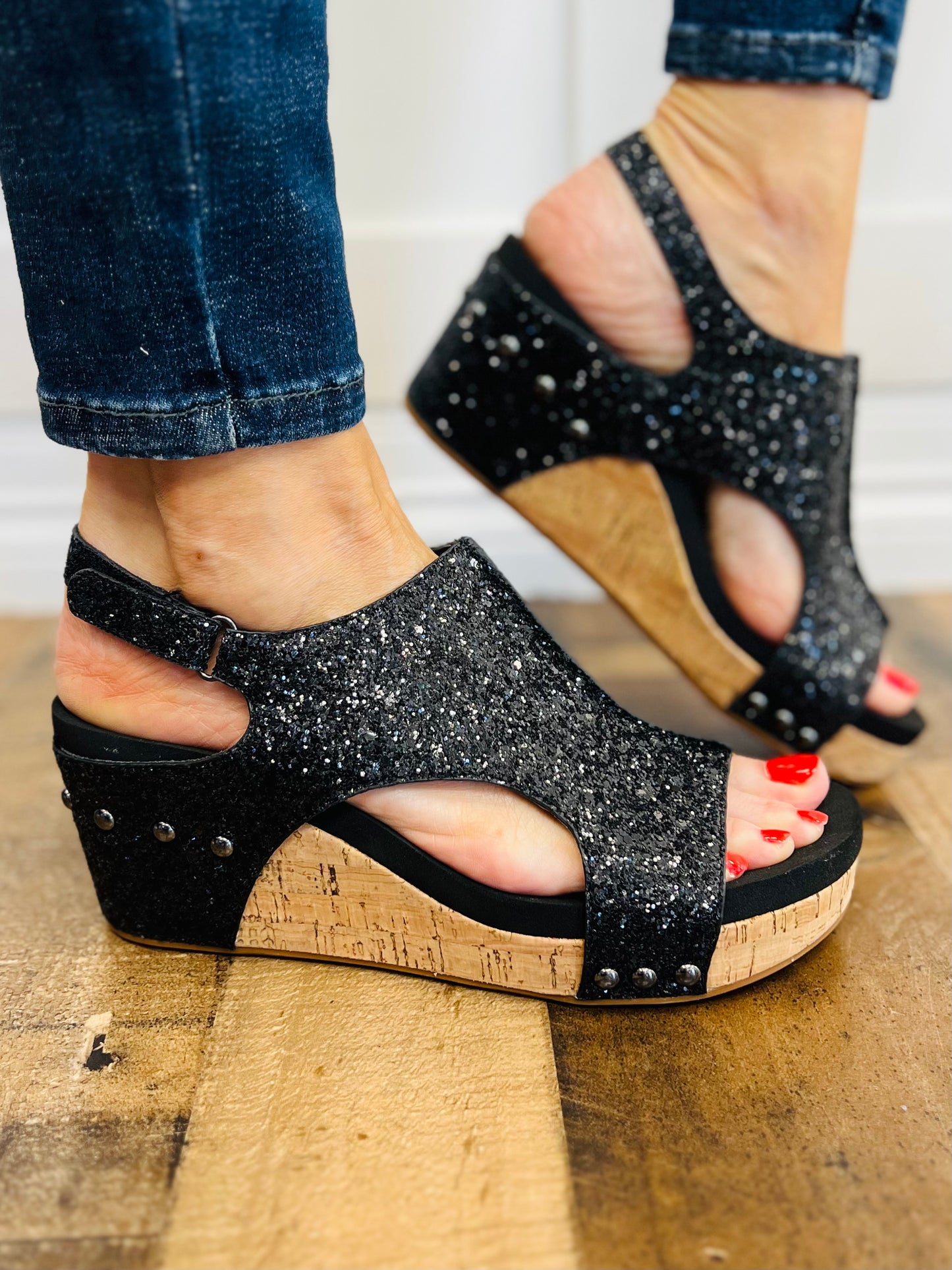 Corkys Carley Wedge Shoes in Glitter Sandal