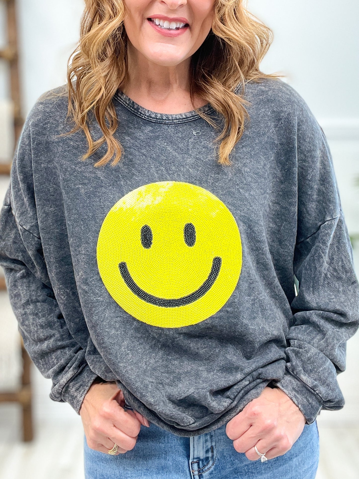 Washed sequin Smiley Face Top