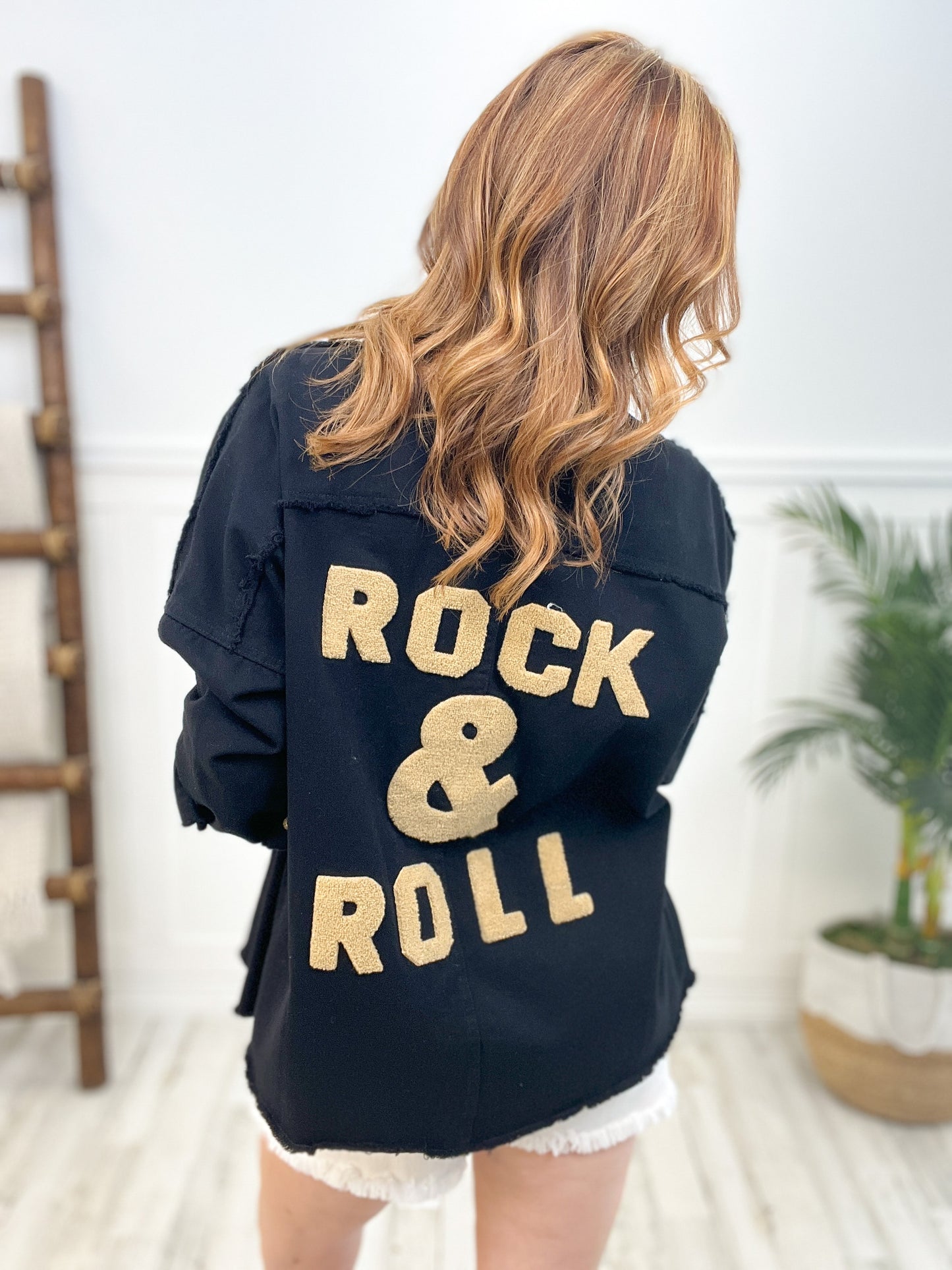 Long Sleeve Button Down Shacket with Rock & Roll On Back