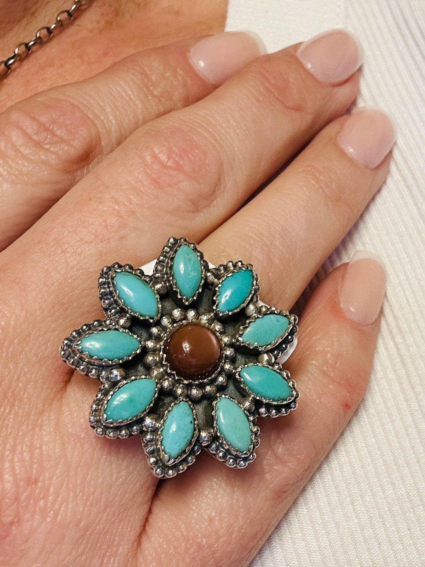 Turquoise & Amber Navajo Flower Adjustable Ring