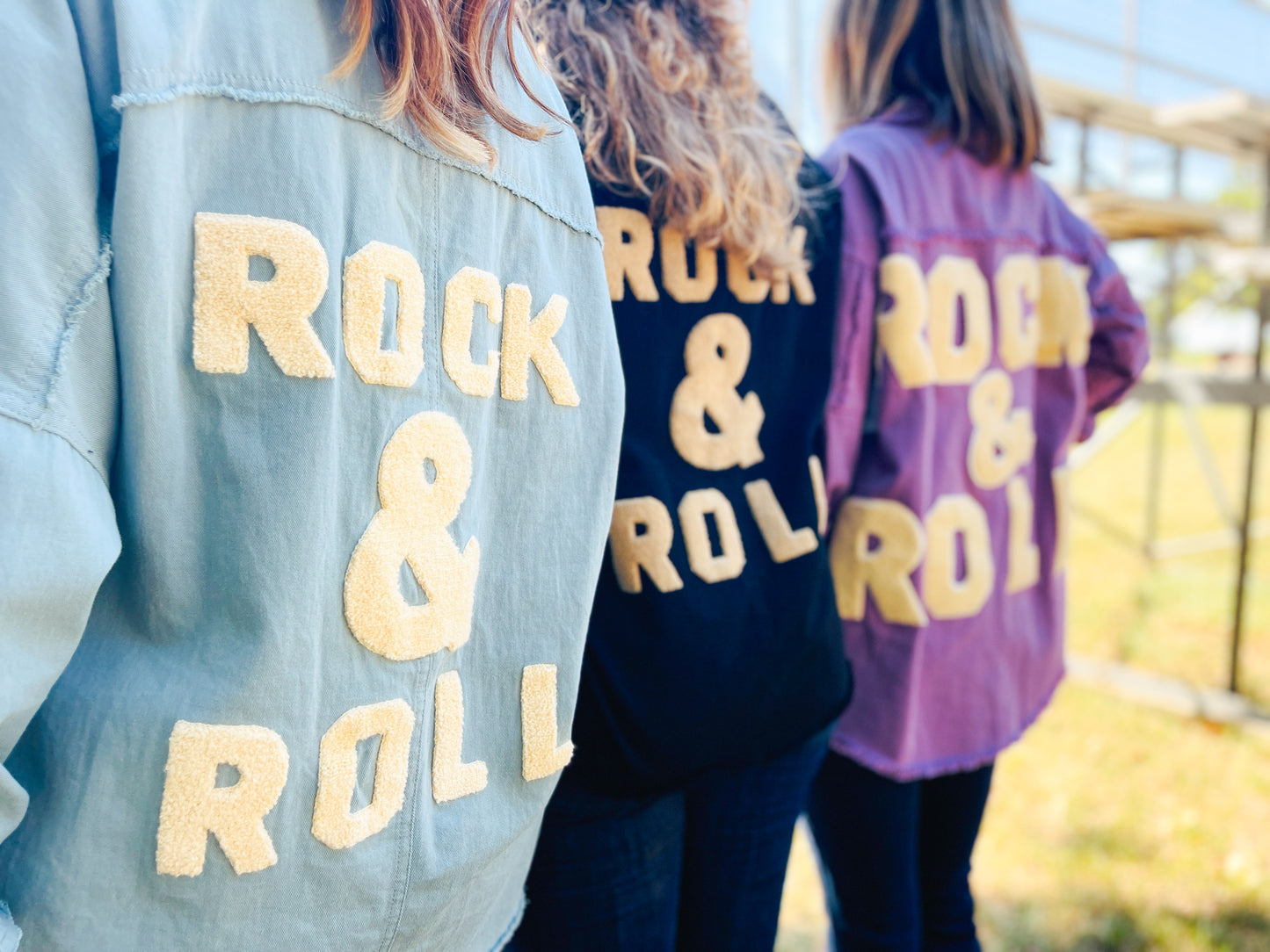 Long Sleeve Button Down Shacket with Rock & Roll On Back